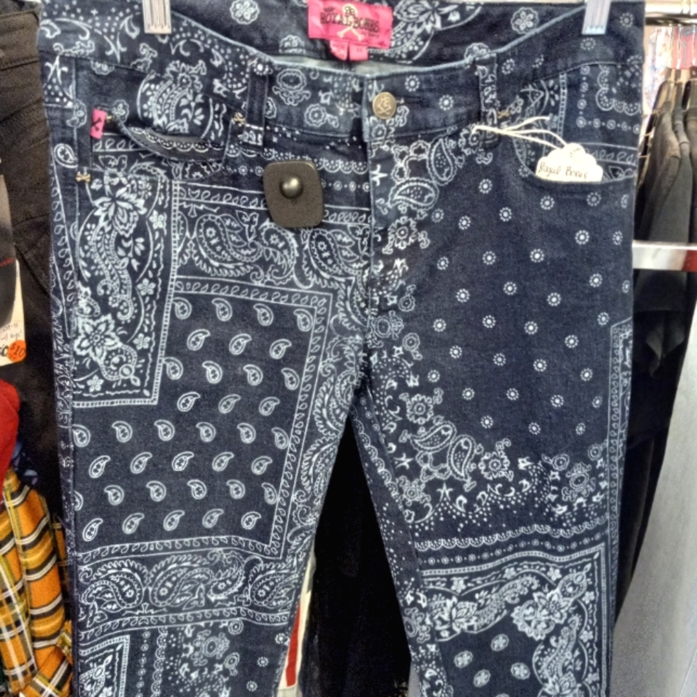 Rare Daang Goodman royal bones paisley print skinny jeans w crossbones accents - Picture 2 of 5